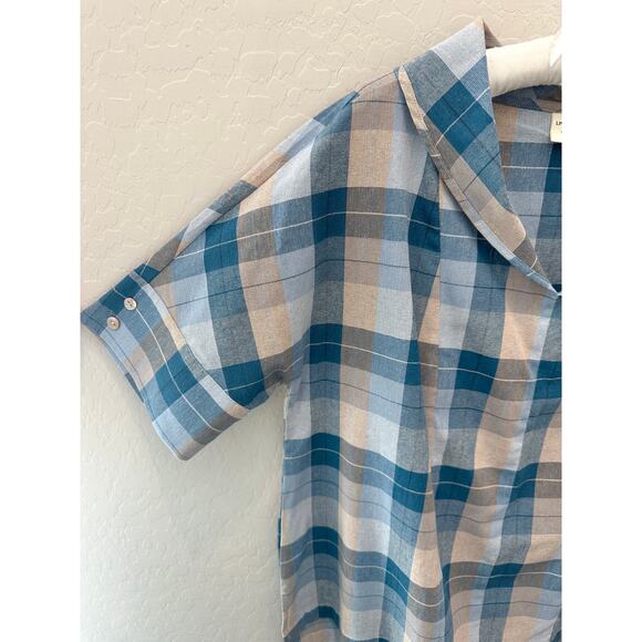 LINTICO | Linen Blend Blue Plaid Cowl Neck Short Sleeve Shirt Top | XL - Picture 5 of 9